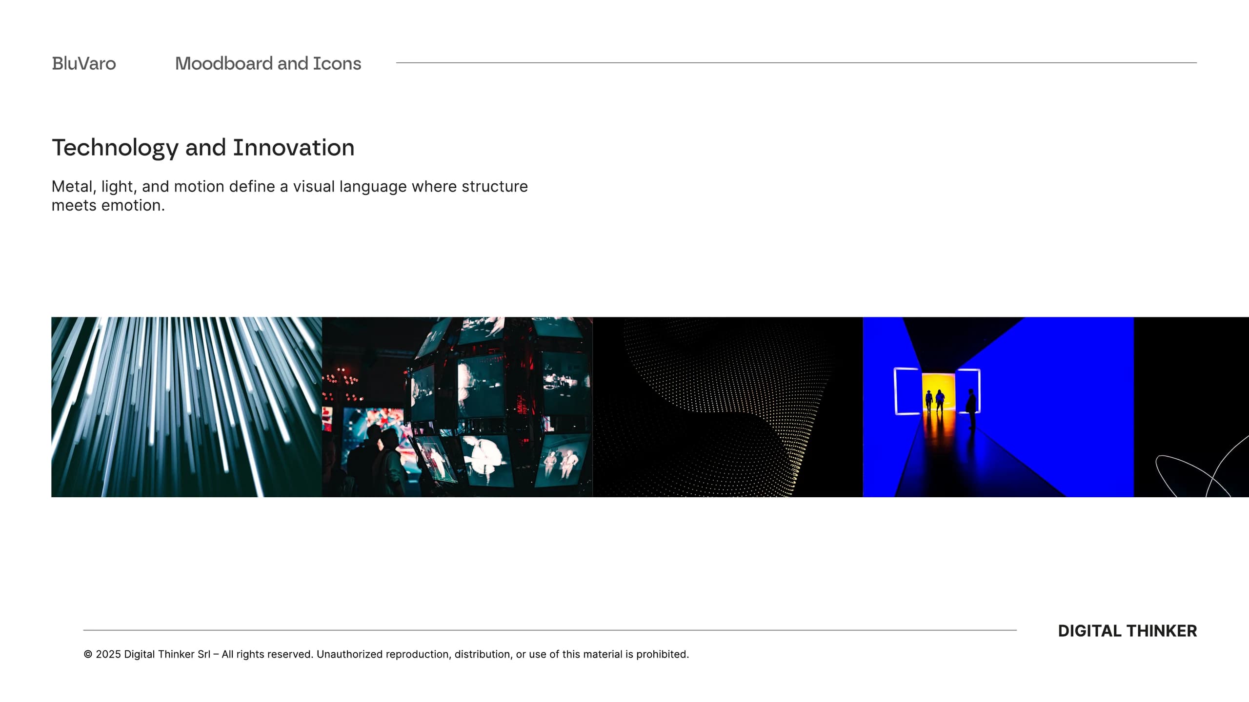 Moodboard BluVaro dedicato a tecnologia, luce, struttura e movimento
