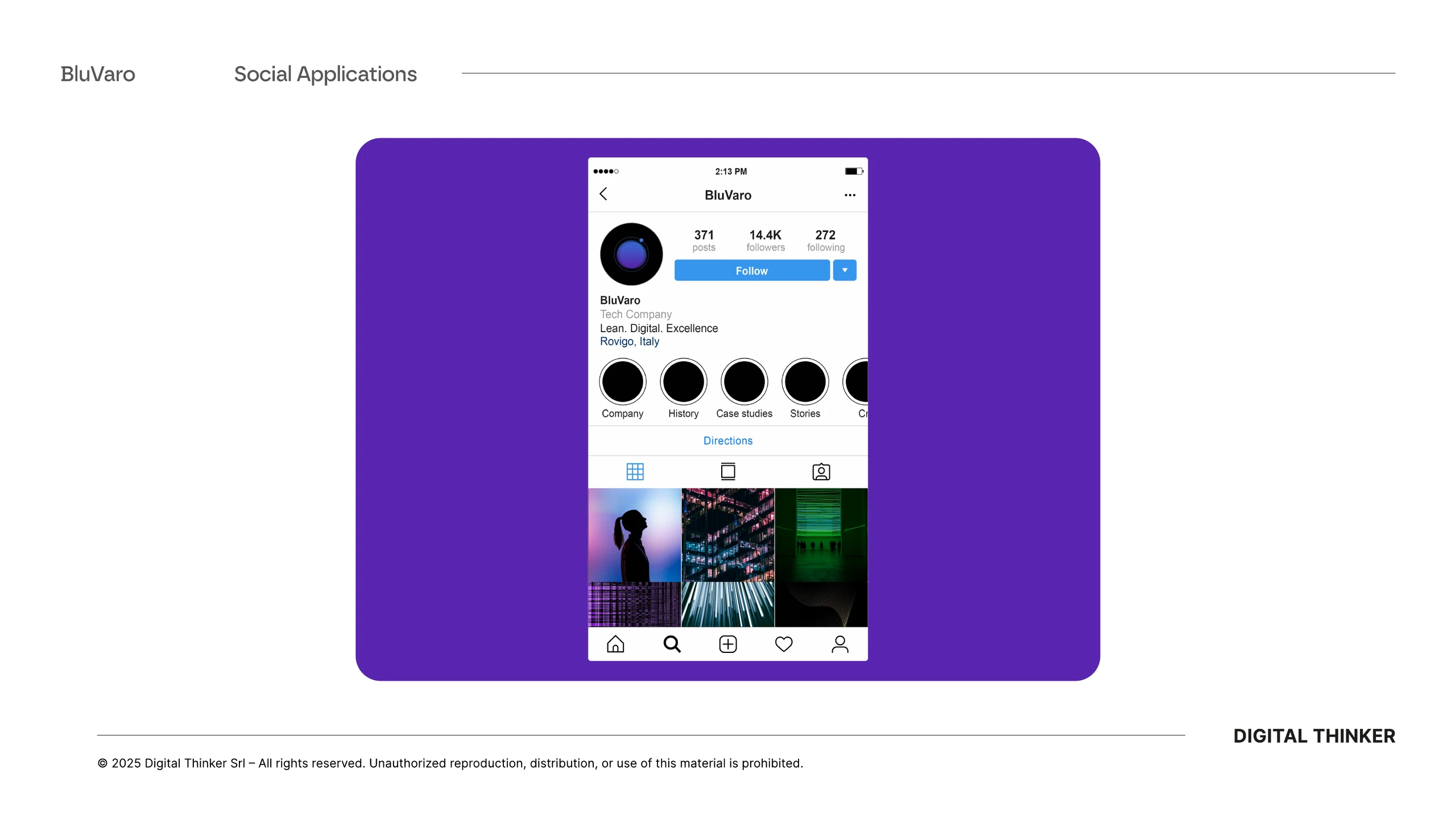 Sistema visivo BluVaro applicato a un profilo social mobile