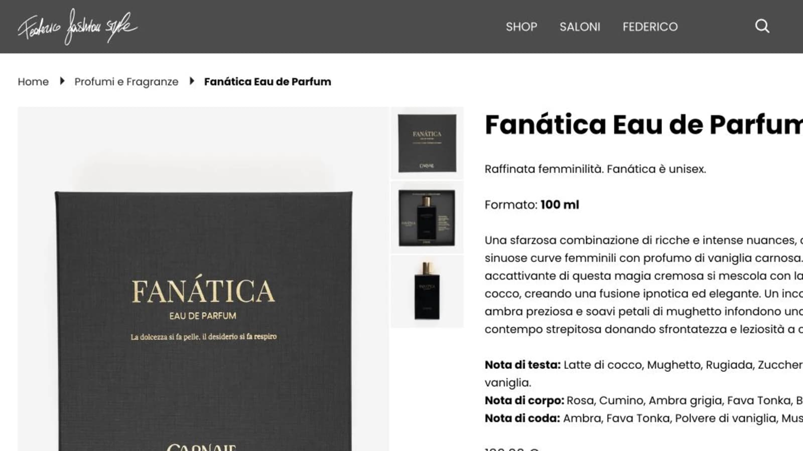Scheda prodotto dell’e-commerce Federico Fashion Style