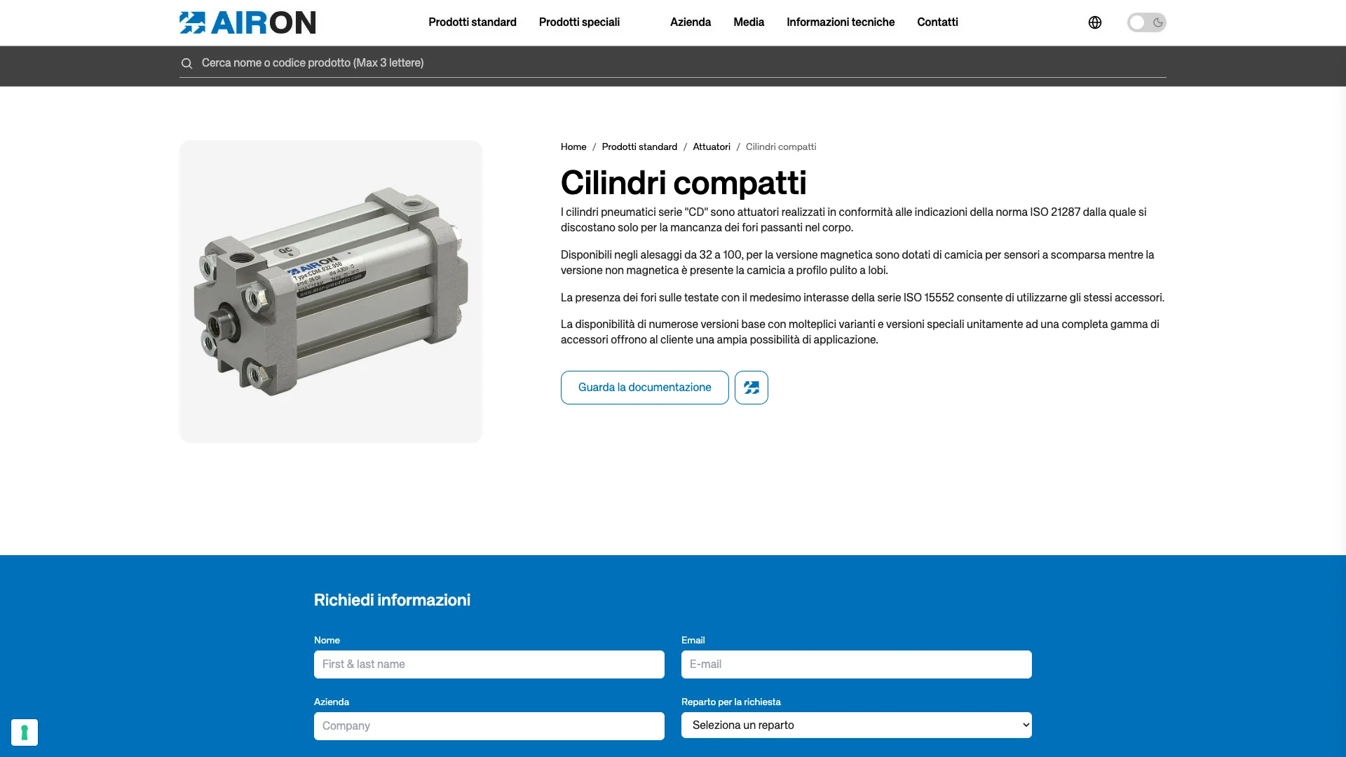 Scheda tecnica di un cilindro compatto Airon Pneumatic
