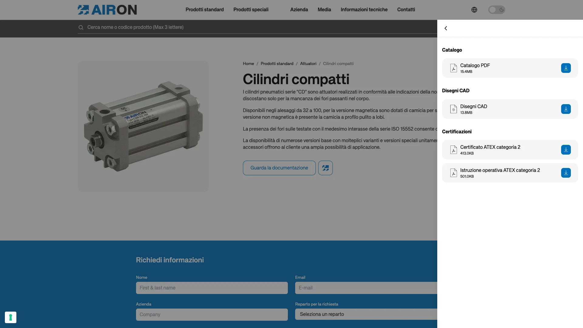 Pannello della documentazione tecnica collegata a un prodotto Airon