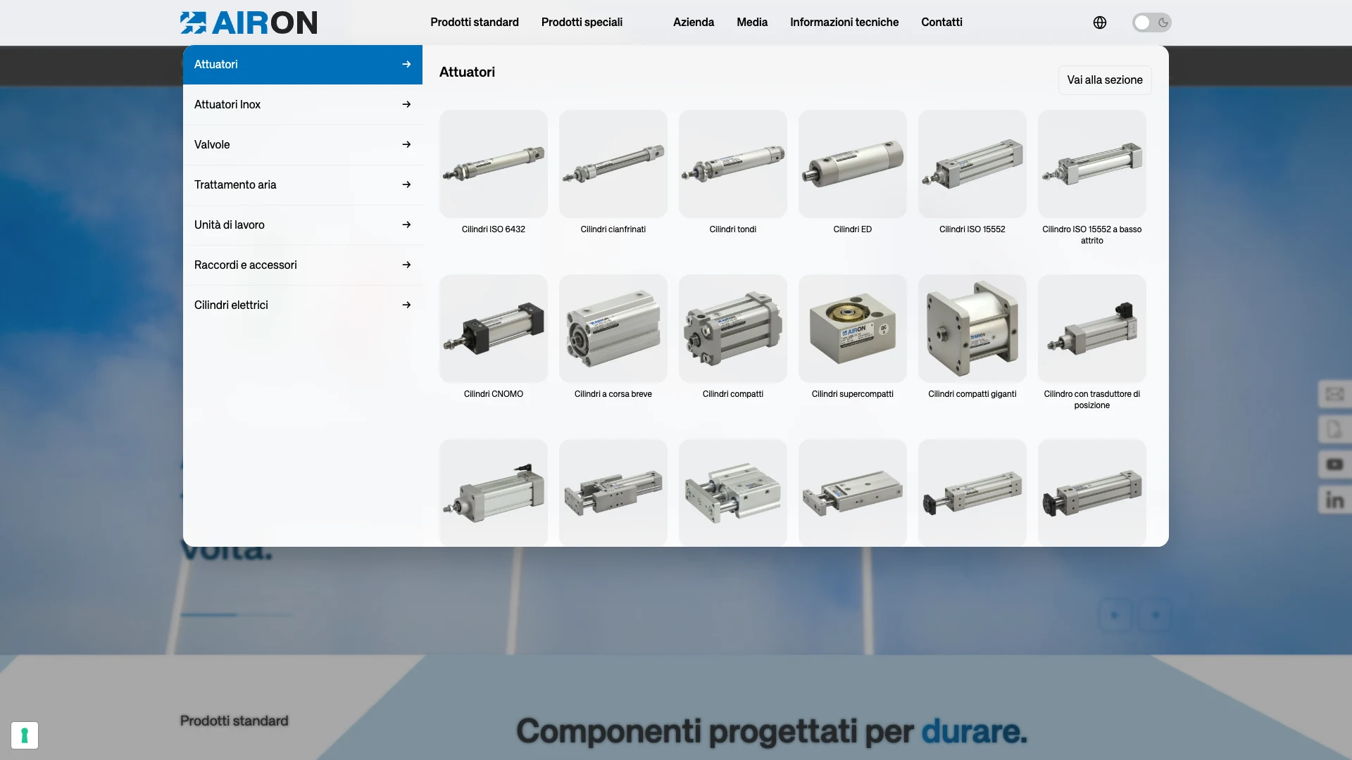 Megamenu visuale delle famiglie di prodotto Airon Pneumatic