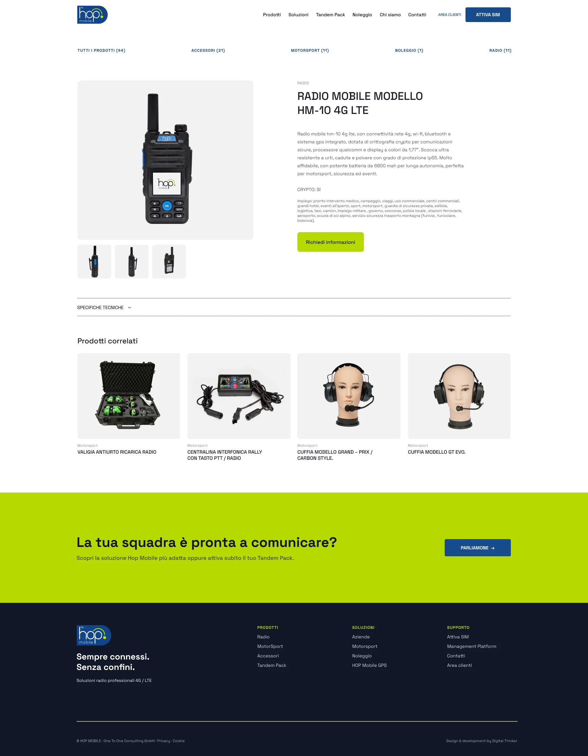 Scheda di una radio Hop Mobile con specifiche e prodotti correlati