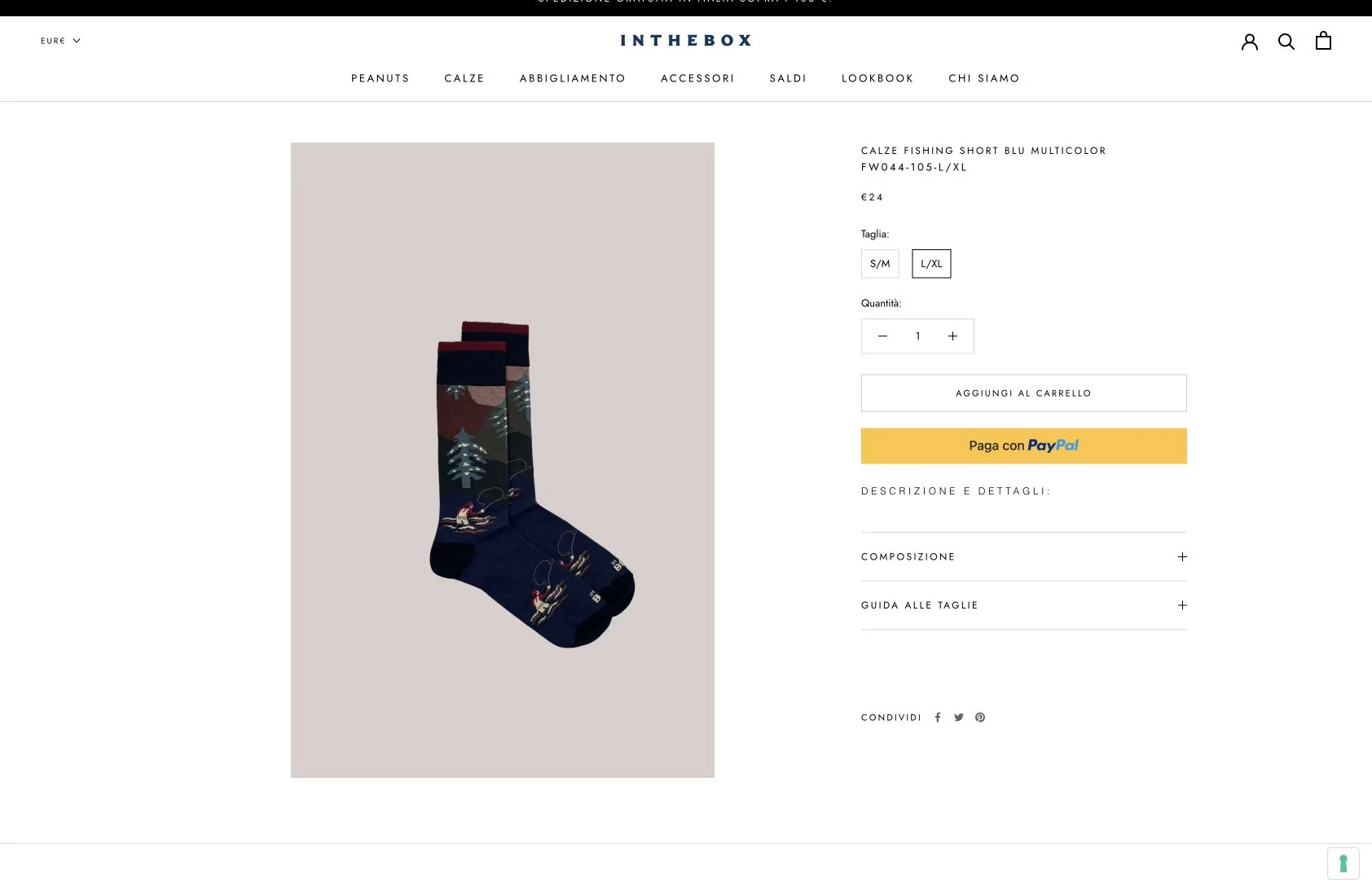Scheda prodotto Shopify In The Box con varianti, acquisto e guida alle taglie