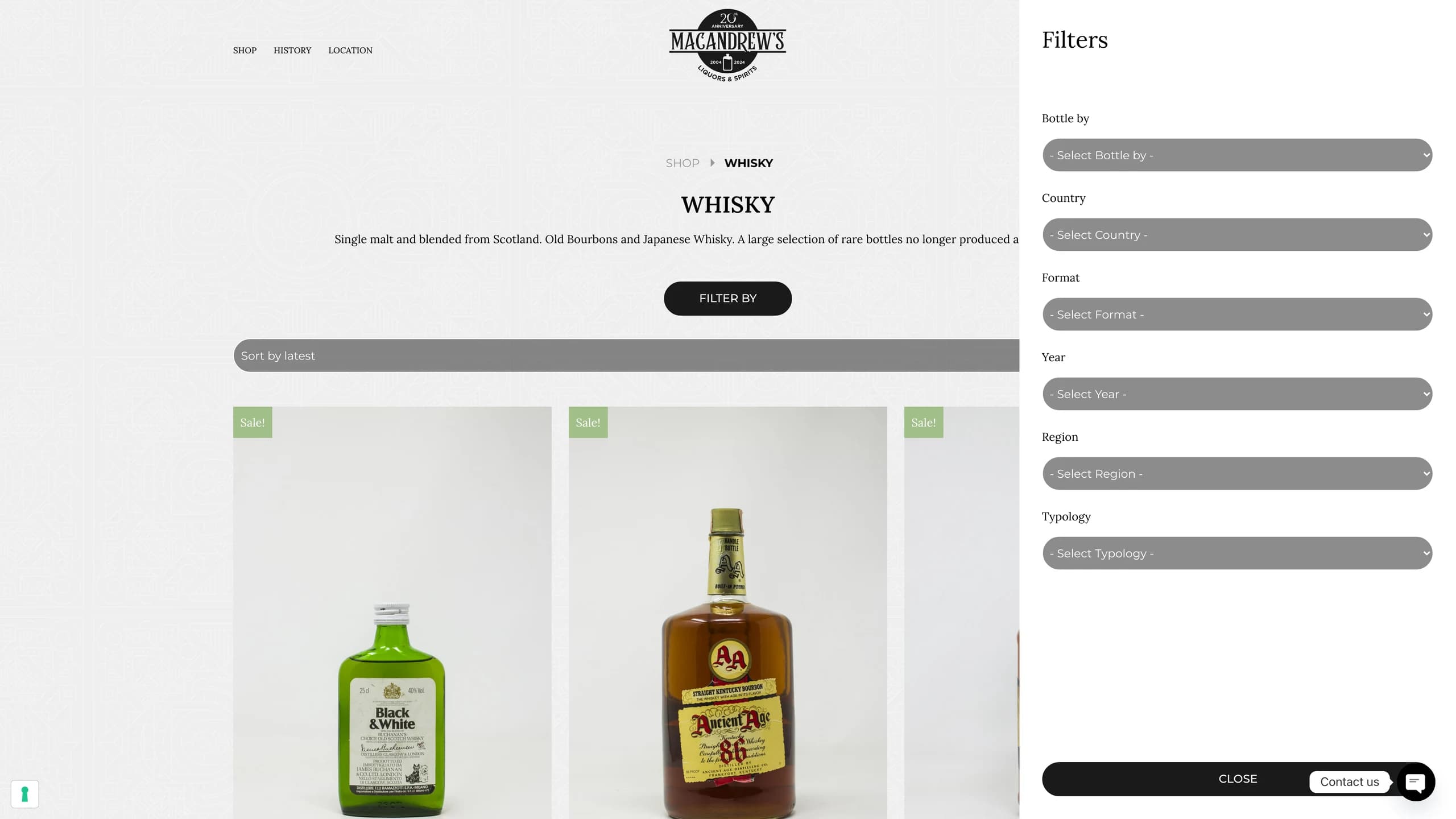 Archivio Whisky con pannello di filtri per anno, paese, formato e regione