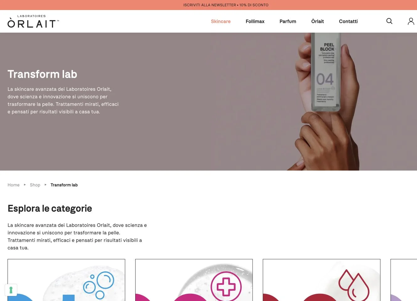 Archivio Transform Lab organizzato per linee cosmetiche