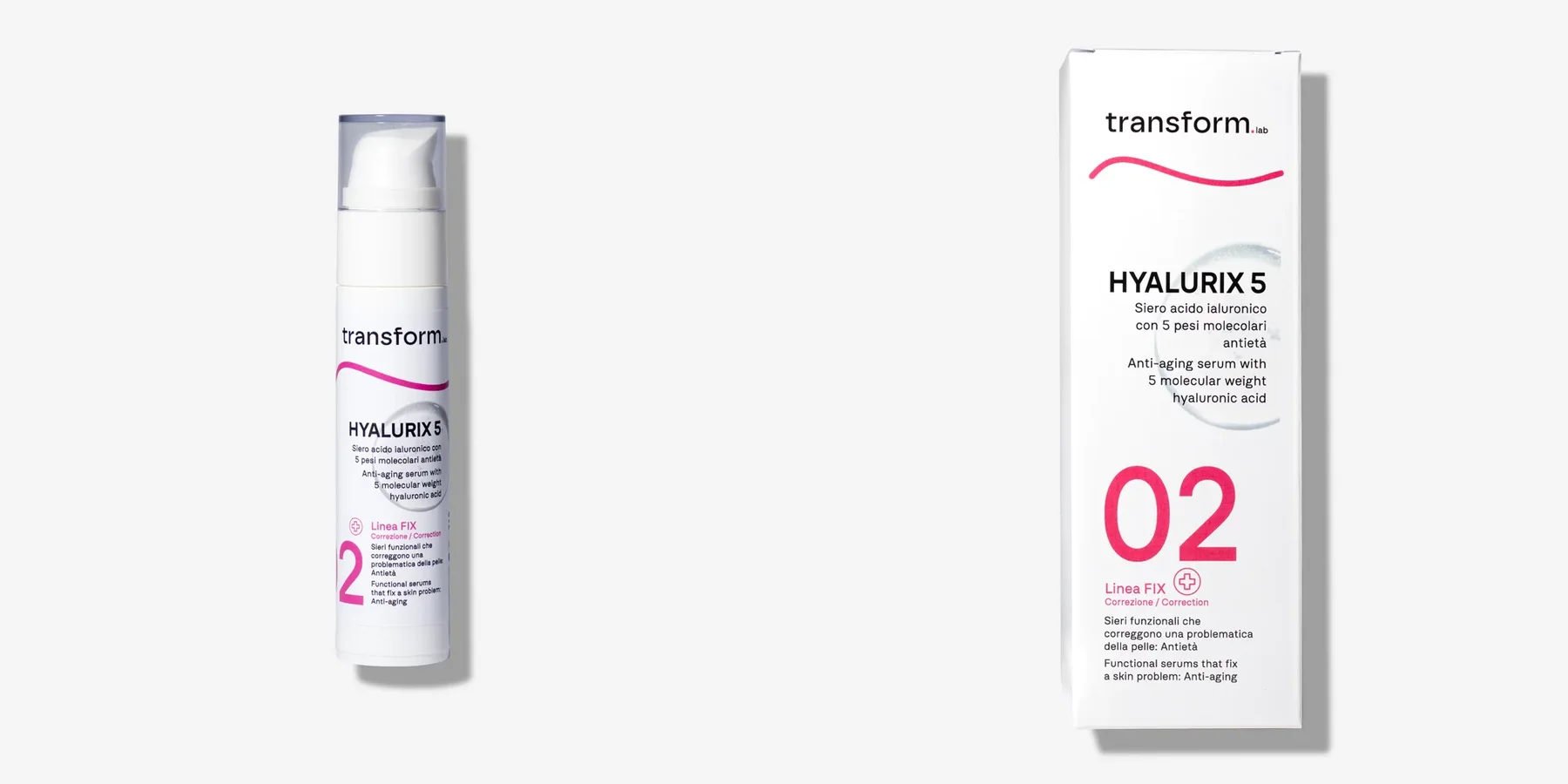 Prodotto e packaging Hyalurix 5 della linea Transform