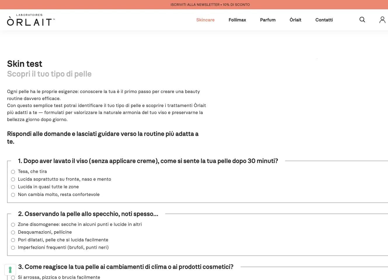 Interfaccia del test guidato per riconoscere il tipo di pelle