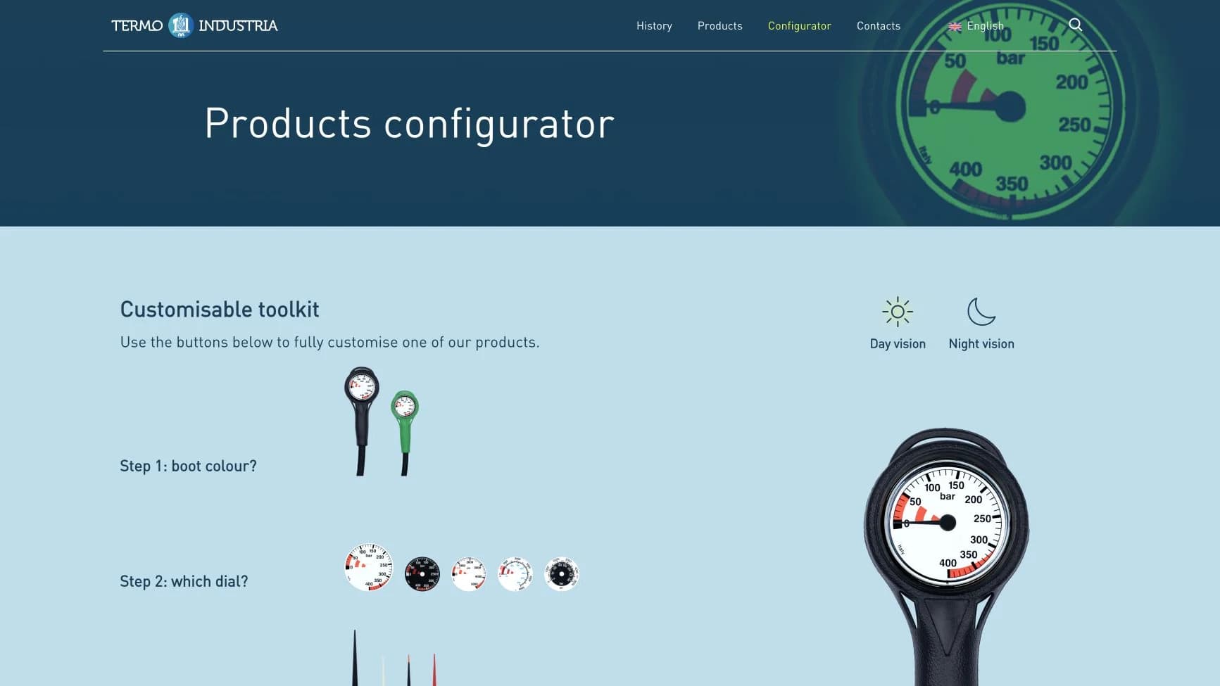Configuratore interattivo dei manometri Termo Industria con modalità giorno e notte